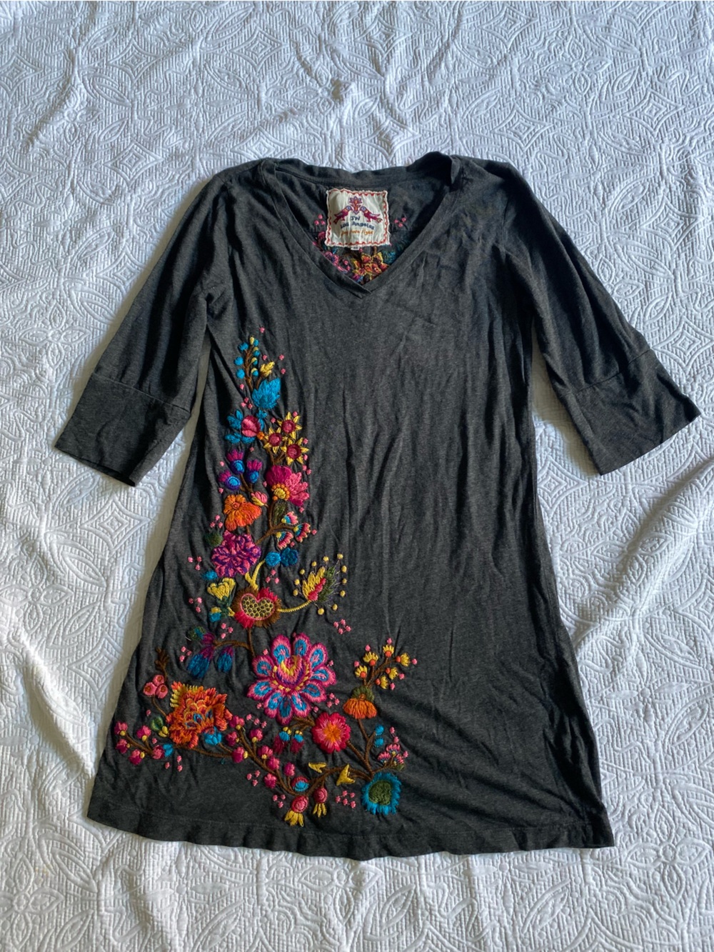 Black Long-Sleeve V-Neck Top with Colorful Floral Embroidery